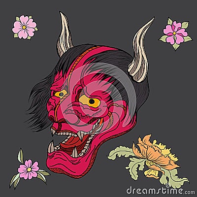 Red Oni mask with Sakura and Peony flower Stock Photo