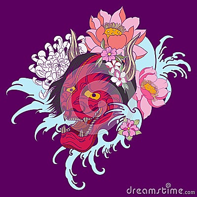 Red Oni mask with Sakura and Peony flower Stock Photo