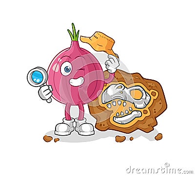 Red onion archaeologists with fossils mascot. cartoon vector Vector Illustration