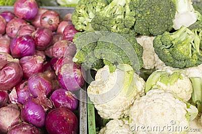 red onion, broccoli and cauliflower in the market Stock Photo