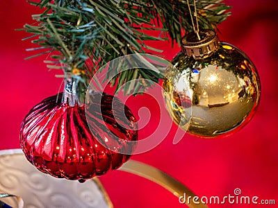 Red onion and golden bauble on Christmas tree brenches Stock Photo