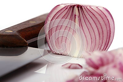 Red onion sliced and knife Stock Photo