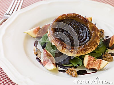 Red Onion Tarte Tatin with Walnuts Figs Stock Photo