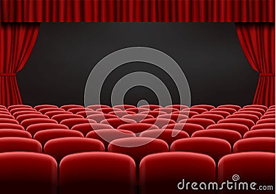 Red open curtain with seats in theater. Velvet fabric cinema curtain vector. Opened curtains and sea Vector Illustration