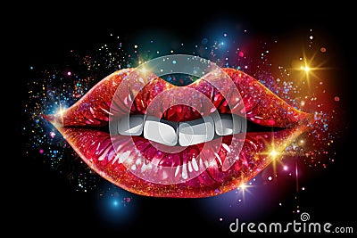 Red open lips isolated on black background colored shiny lights and sparkles, festive glamorous background by disco Stock Photo