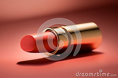 Red open lipstick closeup, decorative cosmetics. AI generated image. Stock Photo