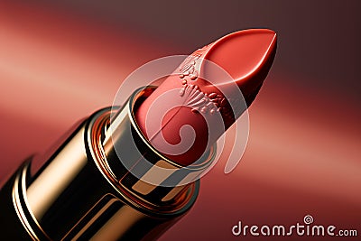 Red open lipstick closeup, decorative cosmetics. AI generated image. Stock Photo