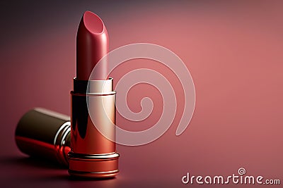 Red open lipstick closeup, decorative cosmetics, copy space for text. AI generated image. Stock Photo