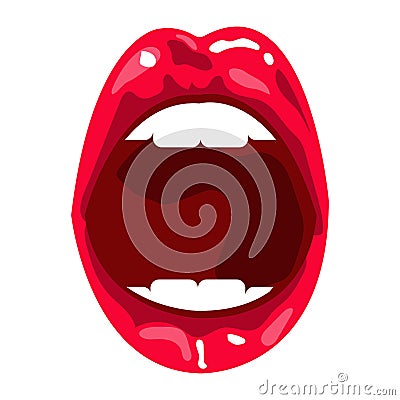 Red open mouth with white teeth. Female lips red lipstick. Vector Illustration