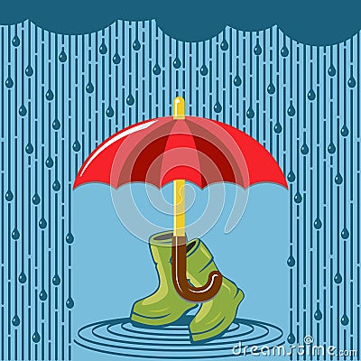 Red open umbrella and gumboots Vector Illustration