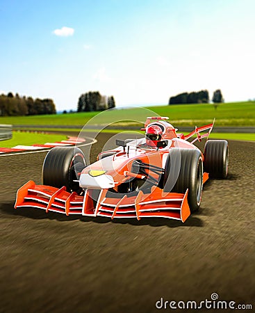 Red open wheeled single-seater forceful formula race car in a curve Stock Photo