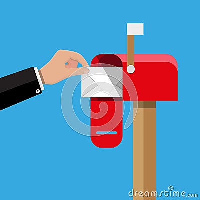 Red opened mailbox with regular mail inside. Vector Illustration