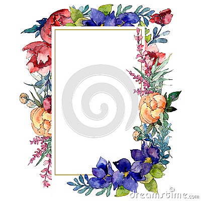 Red, orange and blue bouquet botanical flower. Watercolor background illustration set. Frame border ornament square. Cartoon Illustration