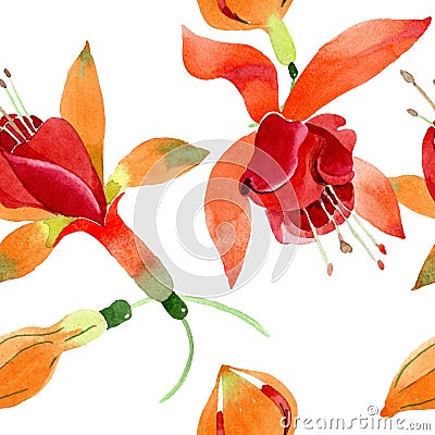 Red orange fuchsia floral botanical flower. Watercolor background illustration set. Seamless background pattern. Cartoon Illustration