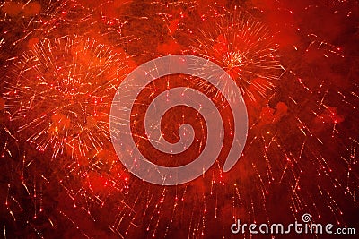 Red, orange, neon and golden sparks of fireworks in the sky Stock Photo