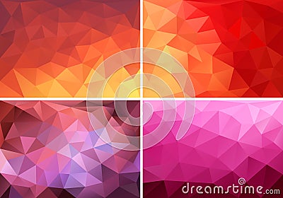 Red, orange and pink low poly backgrounds, vector set Vector Illustration