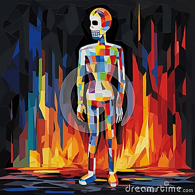 Colorful Squares: A Psychedelic Skeleton In Abstract Expressionist Style Cartoon Illustration