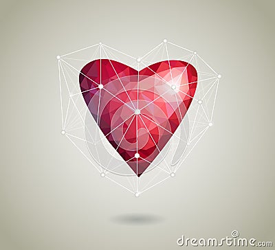 Red origami Polygonal heart on white background with shadow Vector Illustration