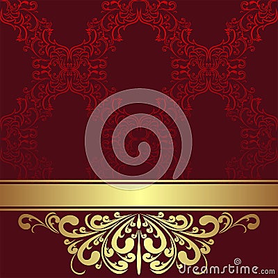 Red ornamental Background with golden Border and Ribbon. Vector Illustration