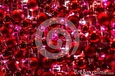 Red Ornaments and Glittery Lights of Christmas Decoration Stock Photo