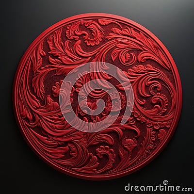 Red Ornate Carved Circular Element In 3d Rendering Stock Photo