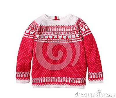 Red ornated child`s christmas sweater isolated. Stock Photo