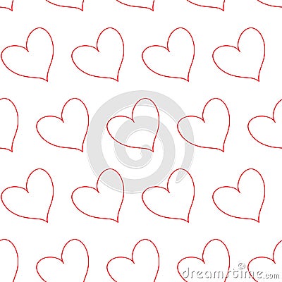 Red outline hearts in diagonal alignment isolated in a white transparent seamless infinite pattern background. Vector Illustration