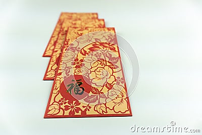 Red packet Chinese New Year Angpao isolated on white background. Chinese wording is Stock Photo