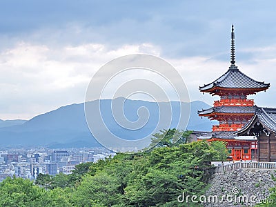 Red Pagoda with city view at Kiyomizu temple in Kyoto, Japan. Stock Photo