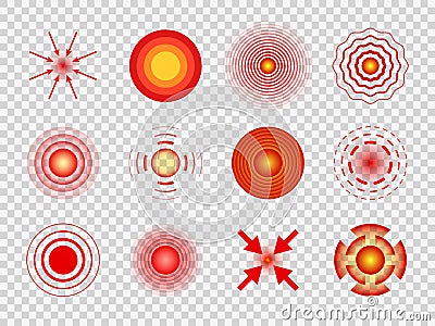 Red pain circles. Local pain spots, joint and muscles pains. Migraine and belly hurt, headaches medicine healing vector Vector Illustration