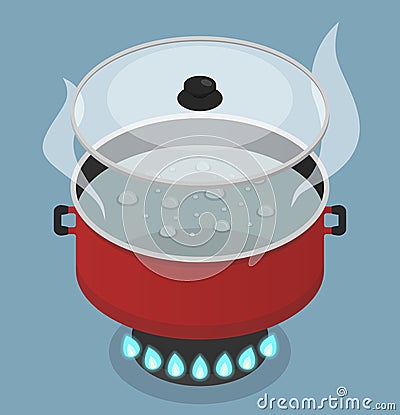 Red pan with lid and boiling water on gas burner Vector Illustration