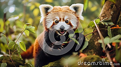red panda contentedly munching on bamboo leaves Stock Photo