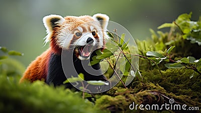 red panda contentedly munching on bamboo leaves Stock Photo