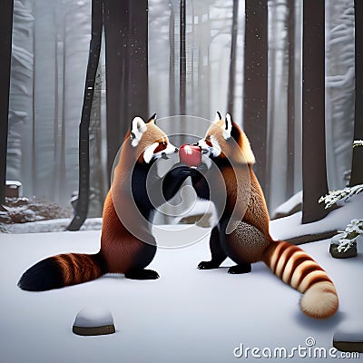 A red panda and a fox making a toast with sparkling apple cider in a snowy forest2 Stock Photo