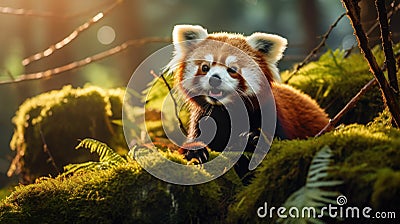 Red panda perched on a mossy branch in forest Stock Photo