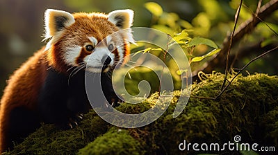 Red panda perched on a mossy branch in forest Stock Photo