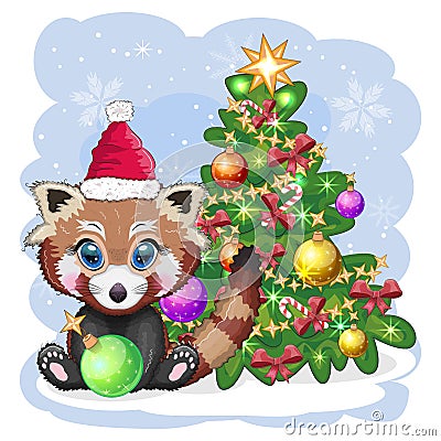 Red panda in santa hat with a ball near the christmas tree, cute character, christmas and new year greeting card, rare animals Stock Photo