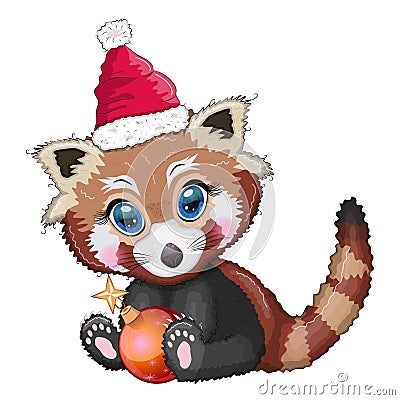 Red panda in santa hat with christmas tree ball, cute character, new year and christmas greeting card, rare animals Stock Photo