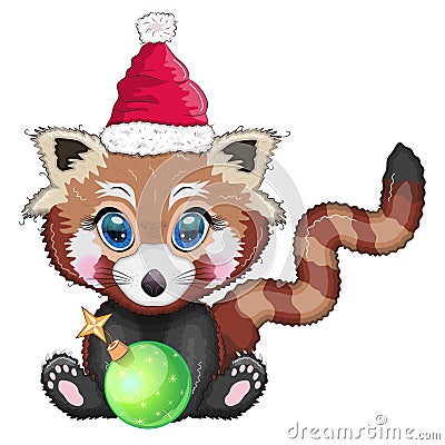 Red panda in santa hat with christmas tree ball, cute character, new year and christmas greeting card, rare animals Stock Photo