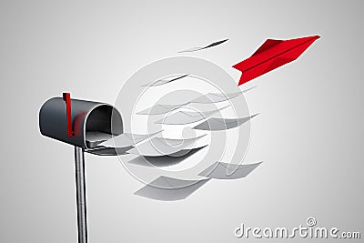 A red paper airplane flies through a mailbox demonstrating competitive advantage corporate concept. 3D illustration. Cartoon Illustration