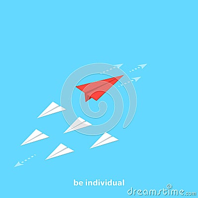 Red paper airplane flies in the opposite direction from a group of other airplanes Vector Illustration