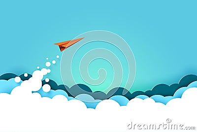 Red paper airplane flying from clouds on blue sky background. Vector Illustration