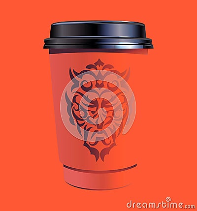 Red paper coffee thermo cup with graphic pattern, plastic container with black lid, take-out coffee, packaging template Vector Illustration