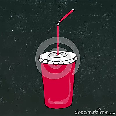 Red Paper Cup with Lid and Straw, Glass for Beverage Takeaway. Realistic Hand Drawn Doodle Style Sketch.Vector Vector Illustration