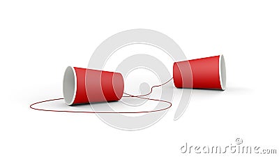 Red paper cups and non-stretchable string isolated on white background. Speech-transmitting device. Cartoon Illustration