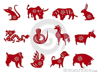 Red paper cut all of Chinese zodiacs sign vector set design Vector Illustration