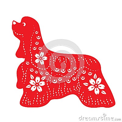 Red paper cut a dog zodiac and flower symbols Vector Illustration