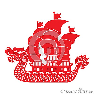 Red paper cut Dragon Chinese junk boat vector design Vector Illustration