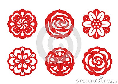 Red paper cut flowers china vector set design Vector Illustration