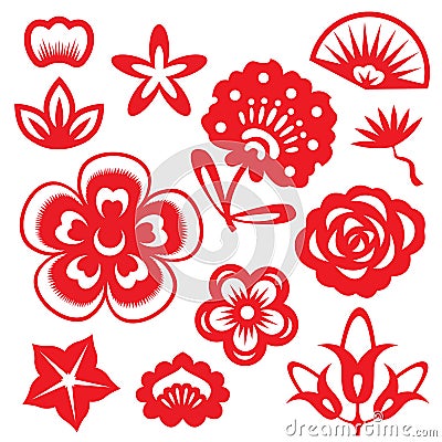 Red paper cut flowers china vector set design Vector Illustration